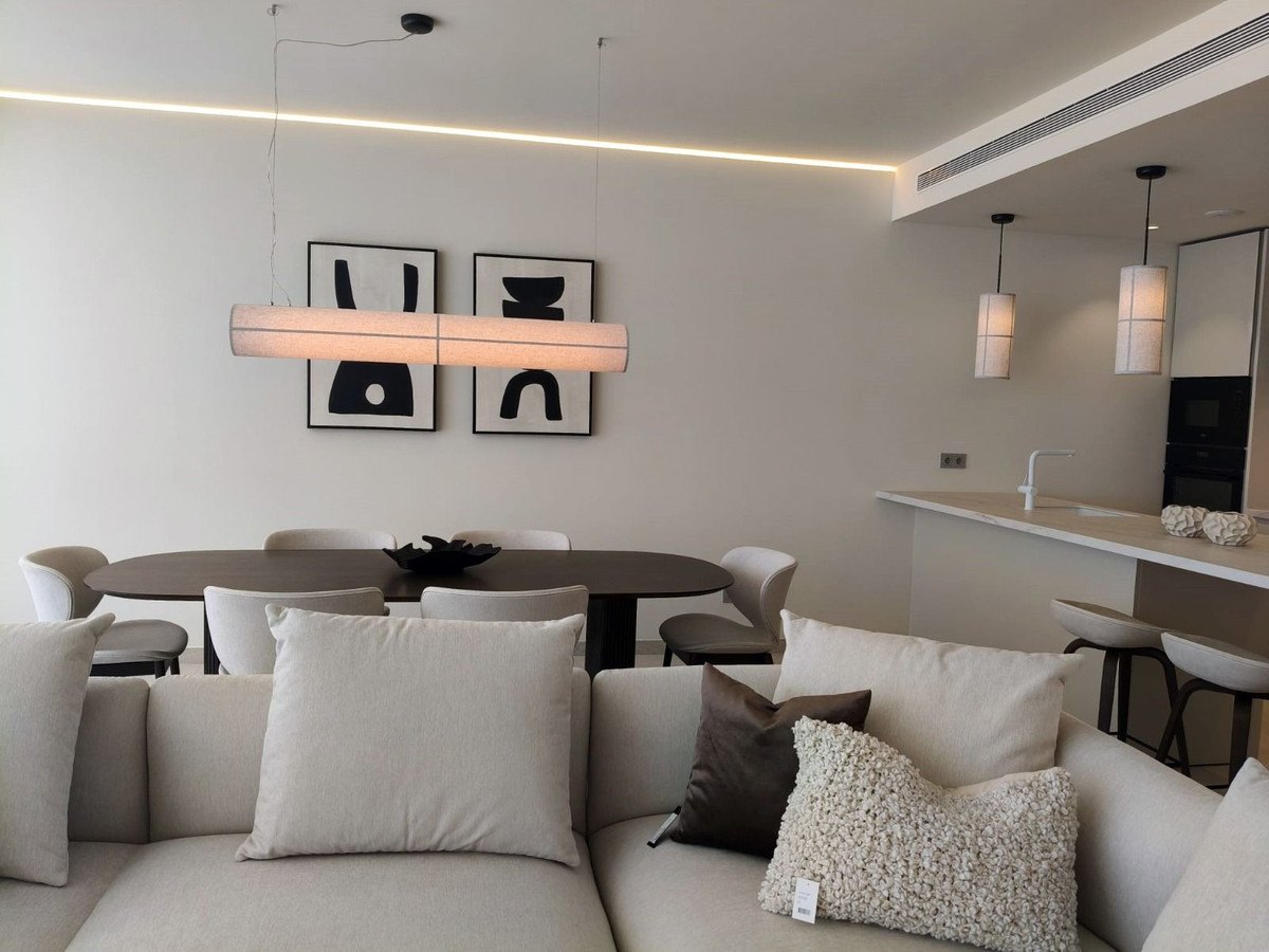 The sofa and the dining table under the light line
