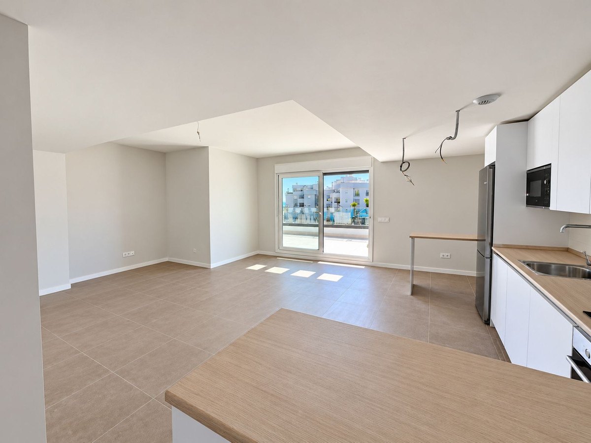 The living-dining room, the kitchen along one wall