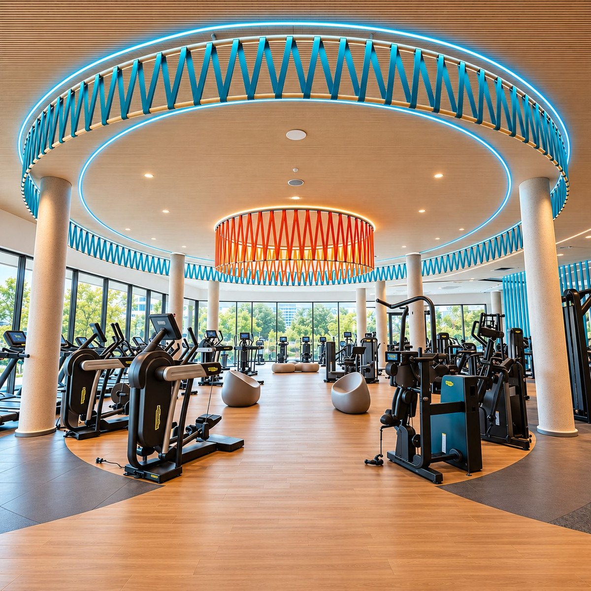 The gym under its round, lit ceiling