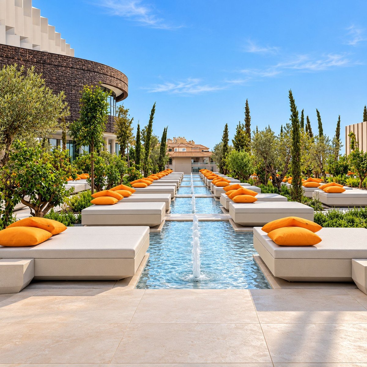A water channel between cypresses and white loungers