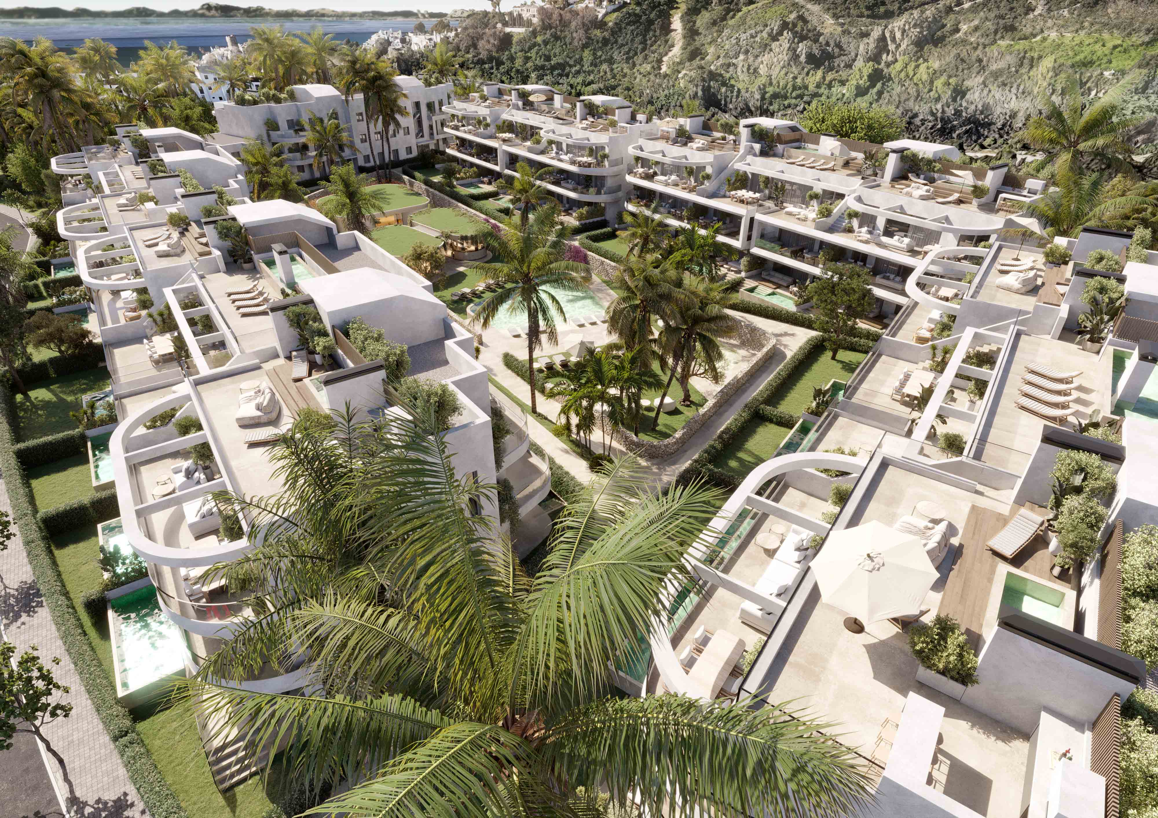1–4 bedroom apartments in Estepona — the whole development from the air