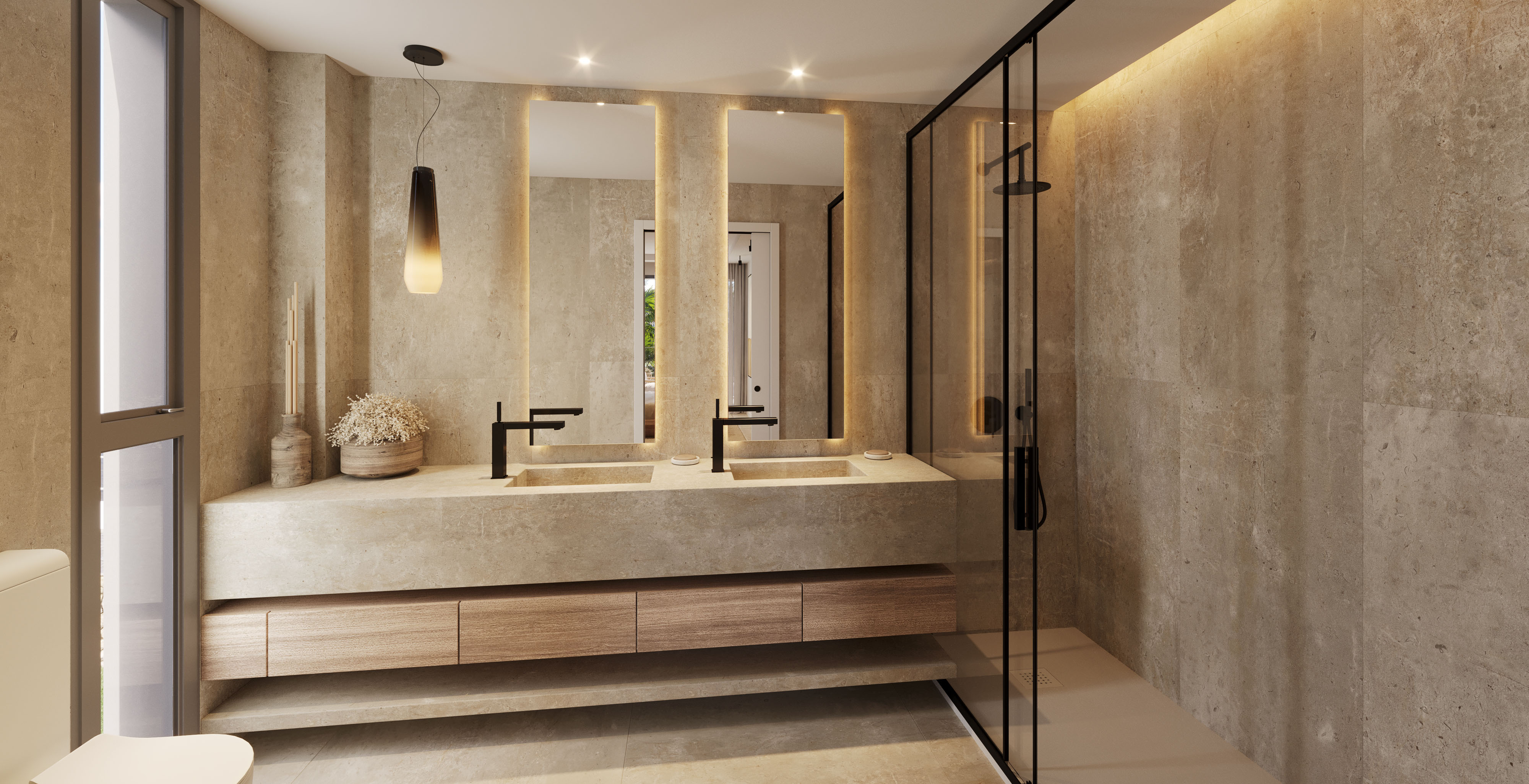 Bathroom, stone slabs and a double vanity
