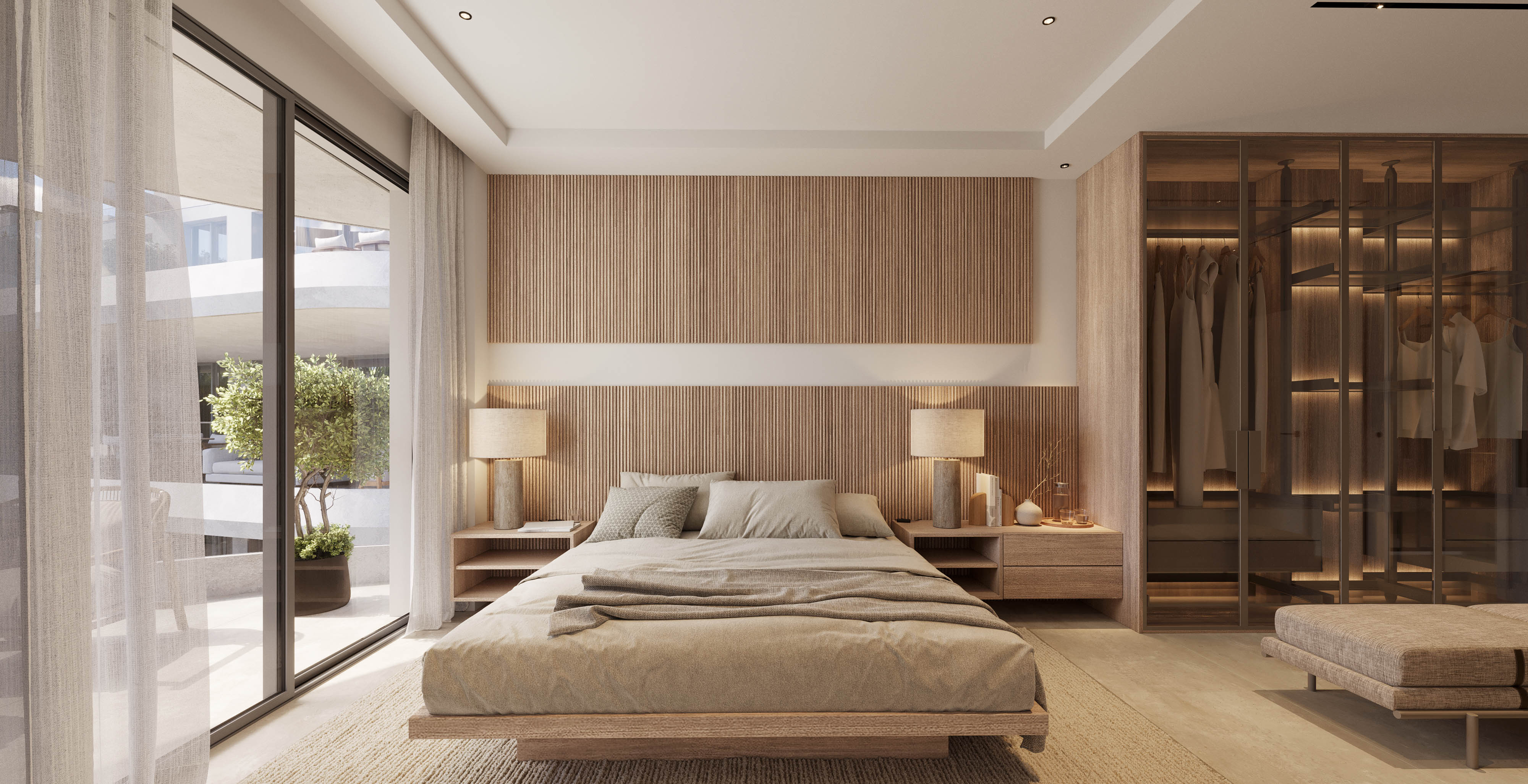 Master bedroom with its smoked-glass walk-in wardrobe
