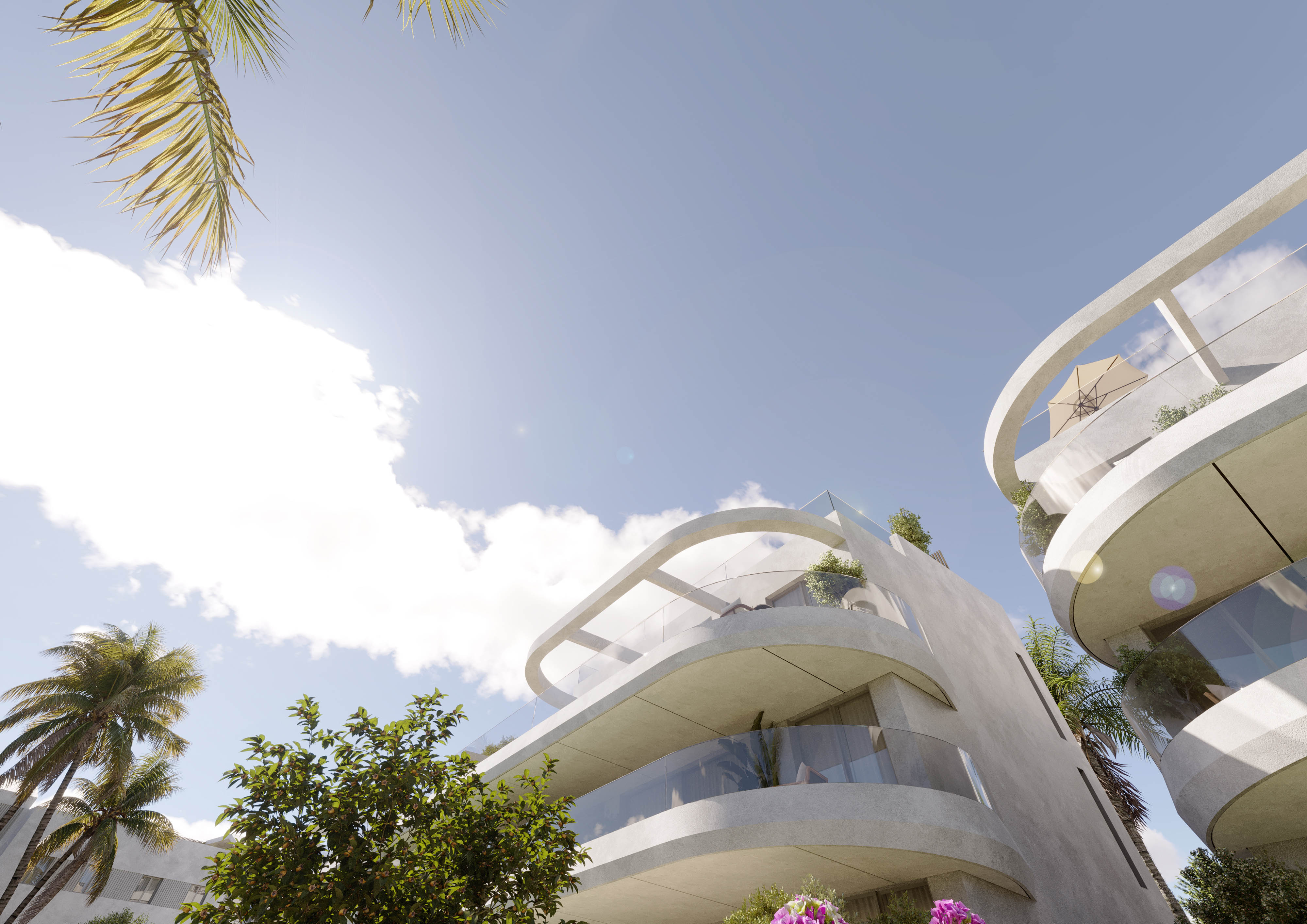 Two blocks of curved balconies seen from below