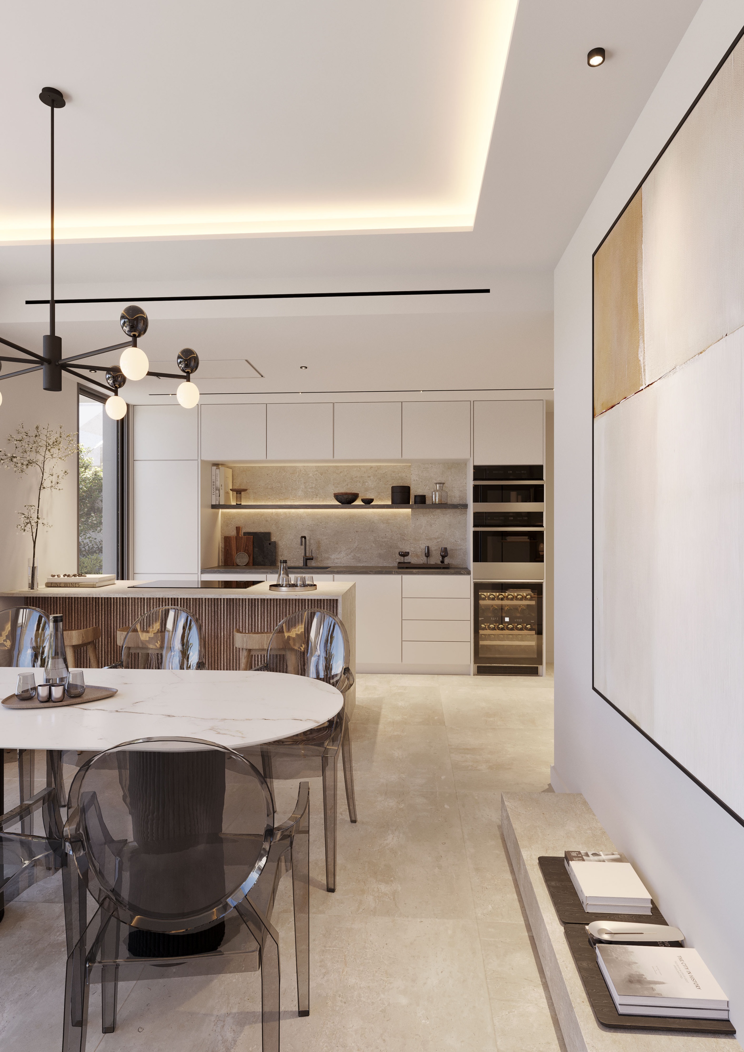 Kitchen in white lacquer and reeded oak