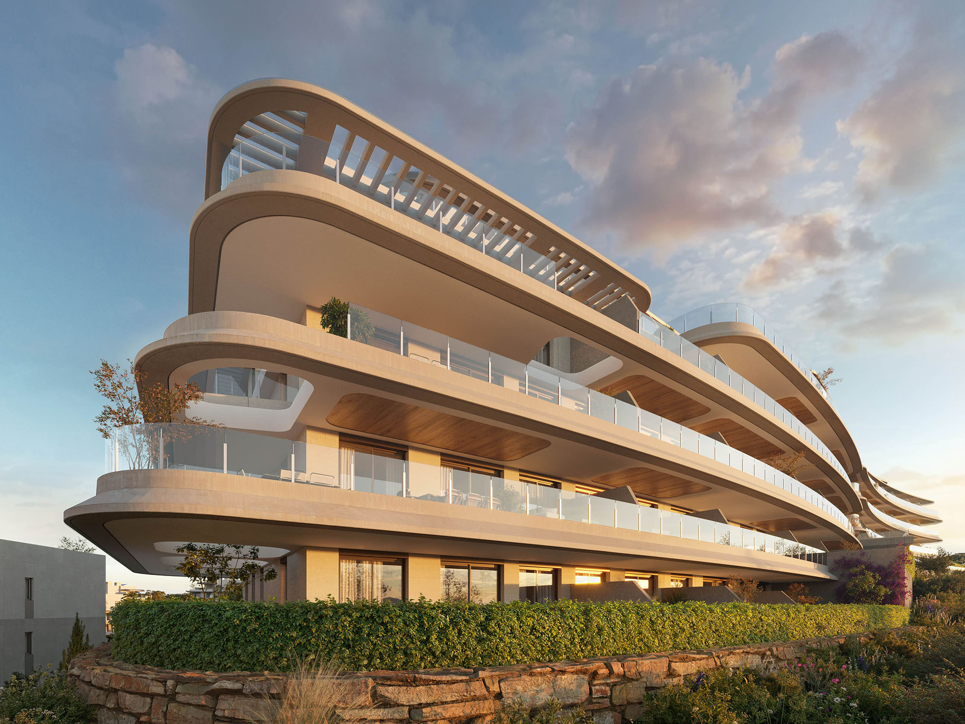 2 and 3 bedroom apartments in La Cala de Mijas — curved terraces at sunset