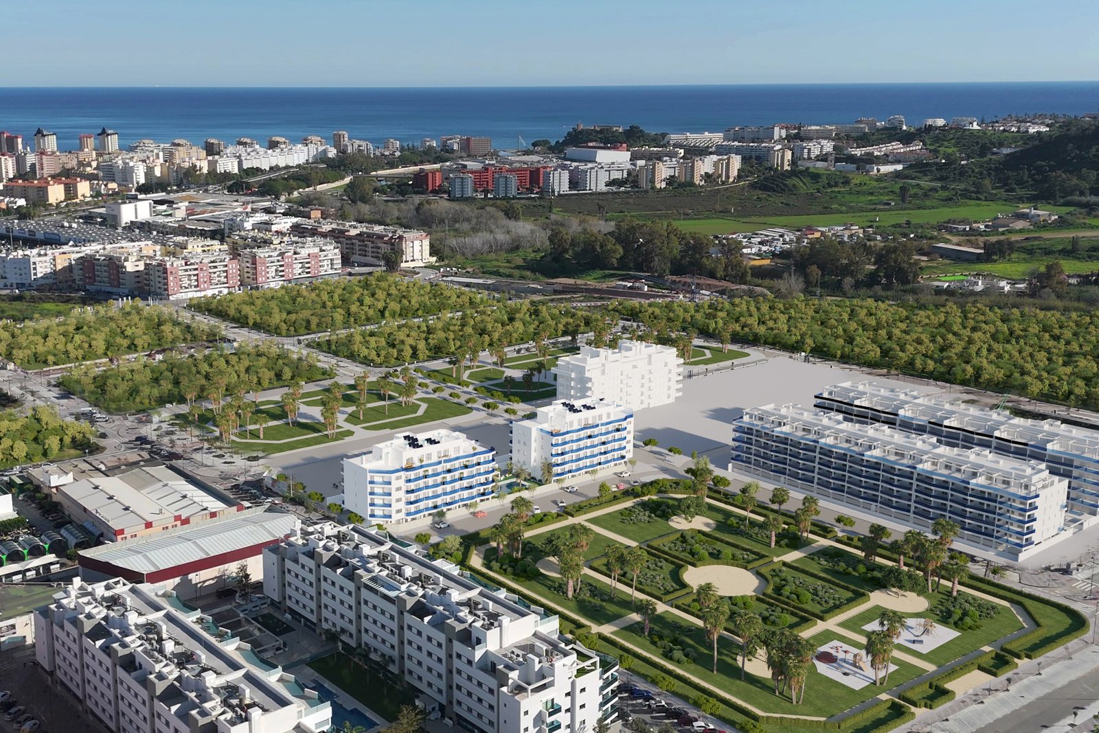 The blocks from the air, a landscaped green in front and the sea beyond — computer-generated image