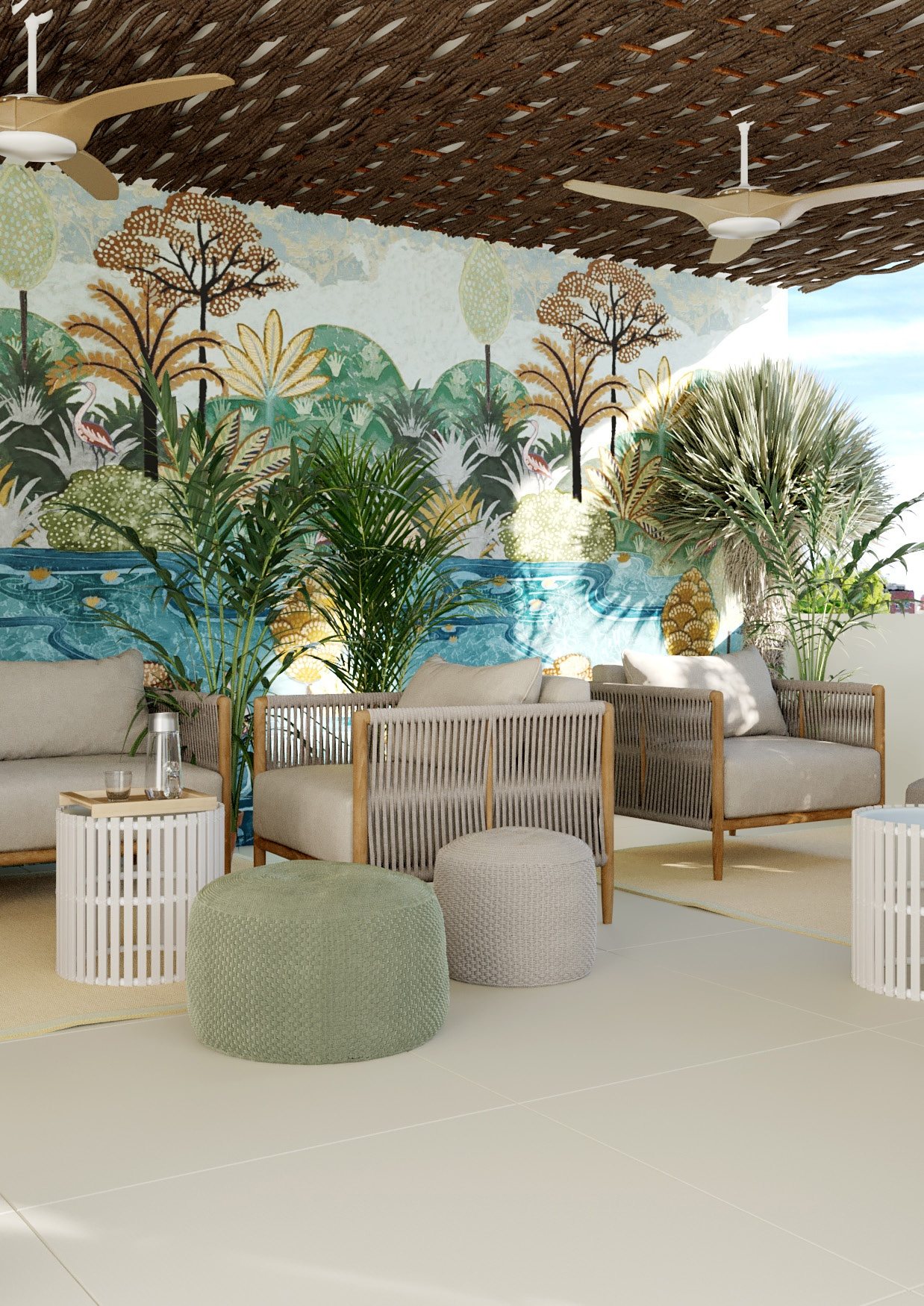The chill-out lounge with its tropical mural — computer-generated image