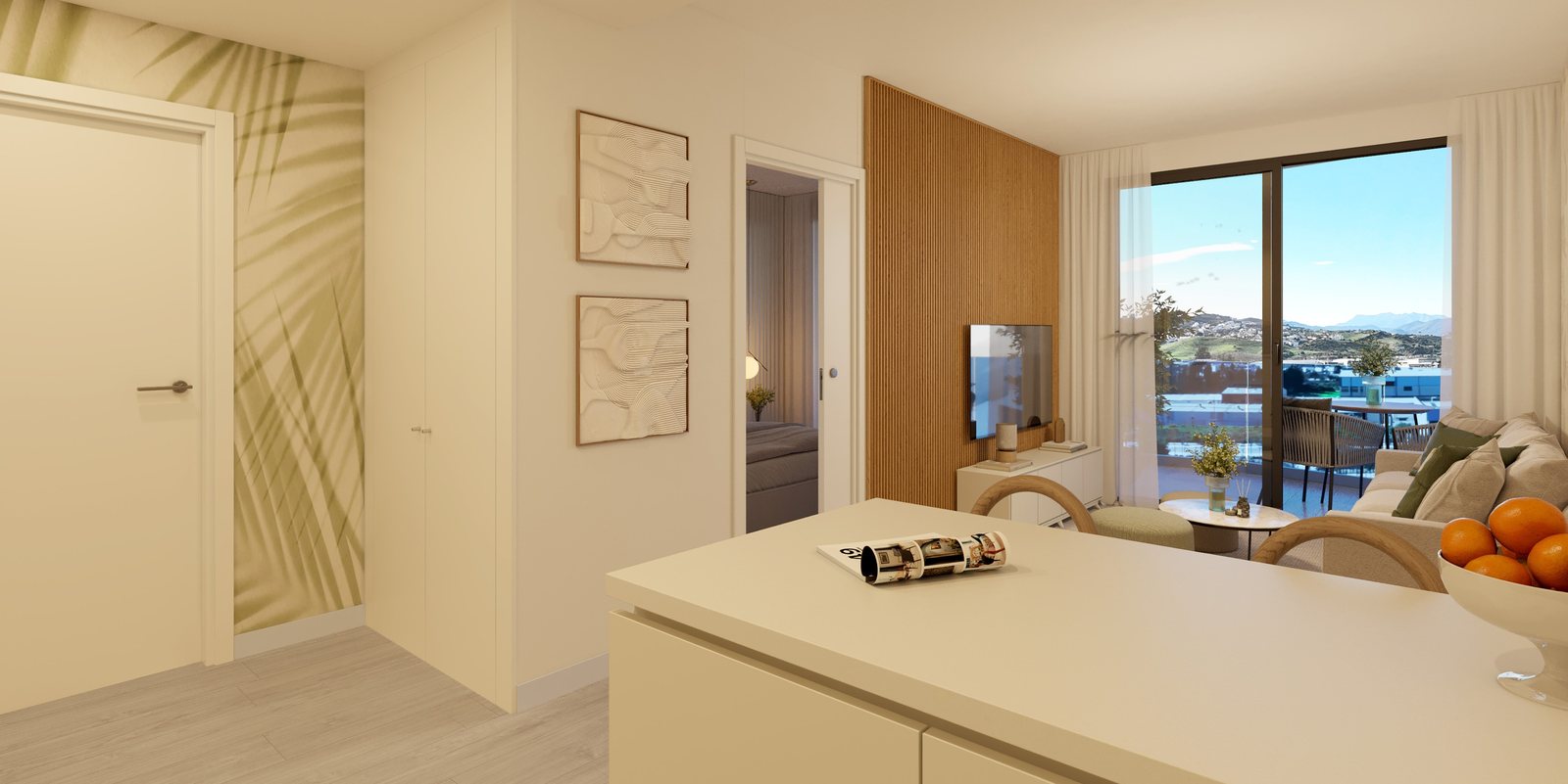 The hall opening onto the kitchen and living room — computer-generated image