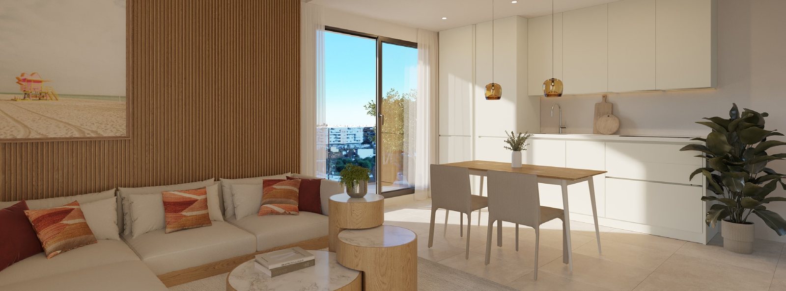 The open living, dining and kitchen space — computer-generated image