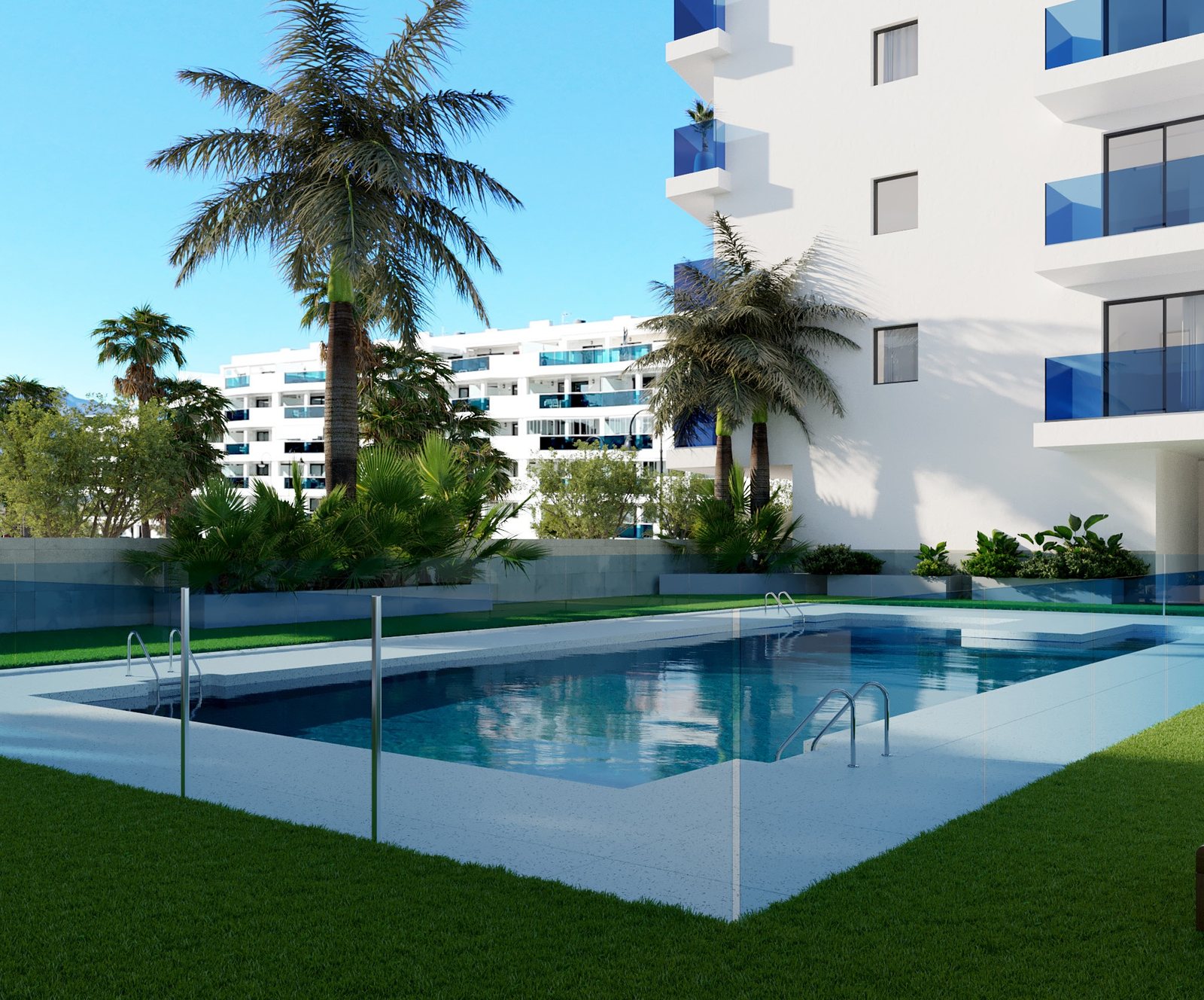 The communal pool among palms — computer-generated image