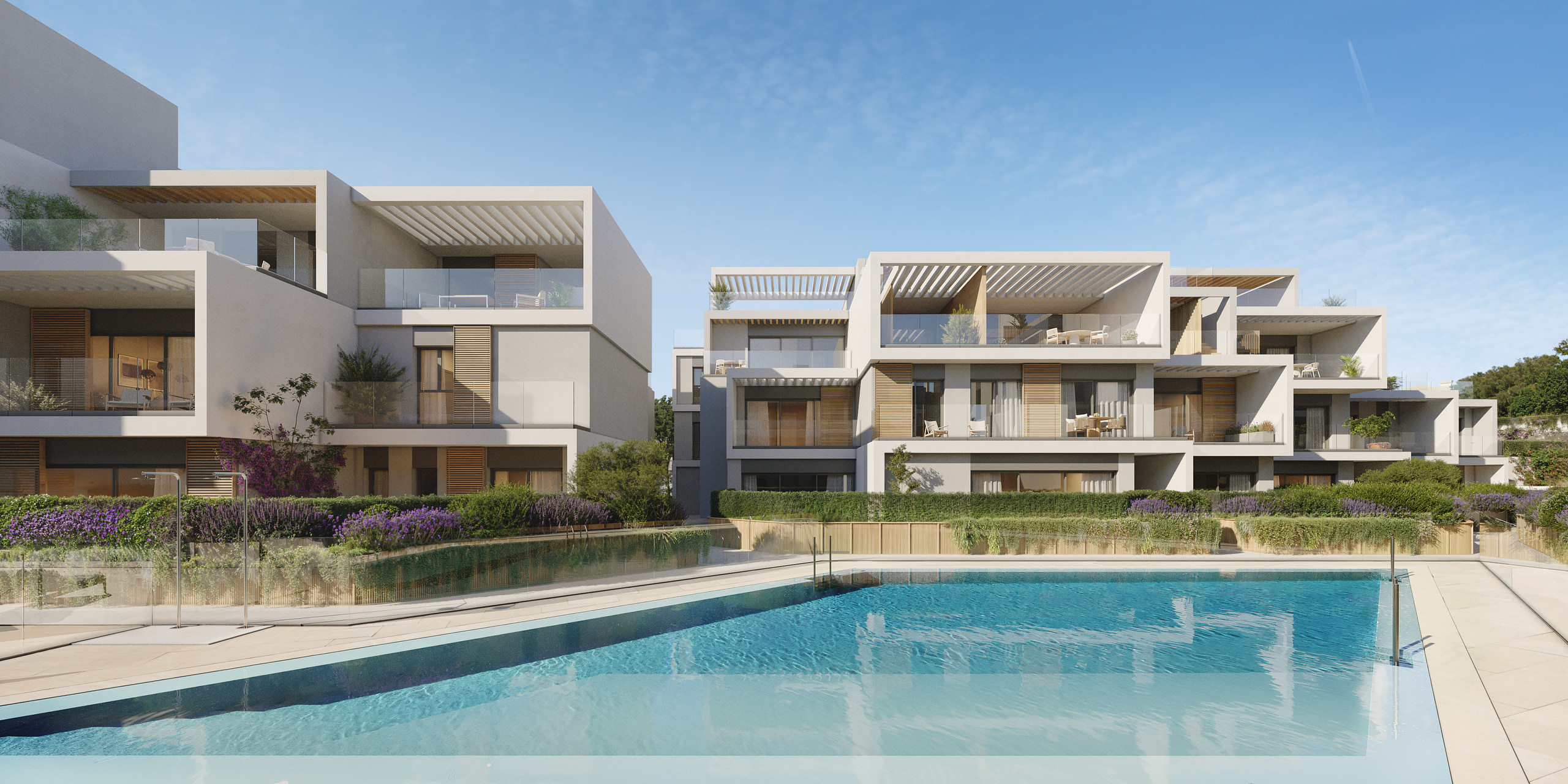 The outdoor pool between the blocks