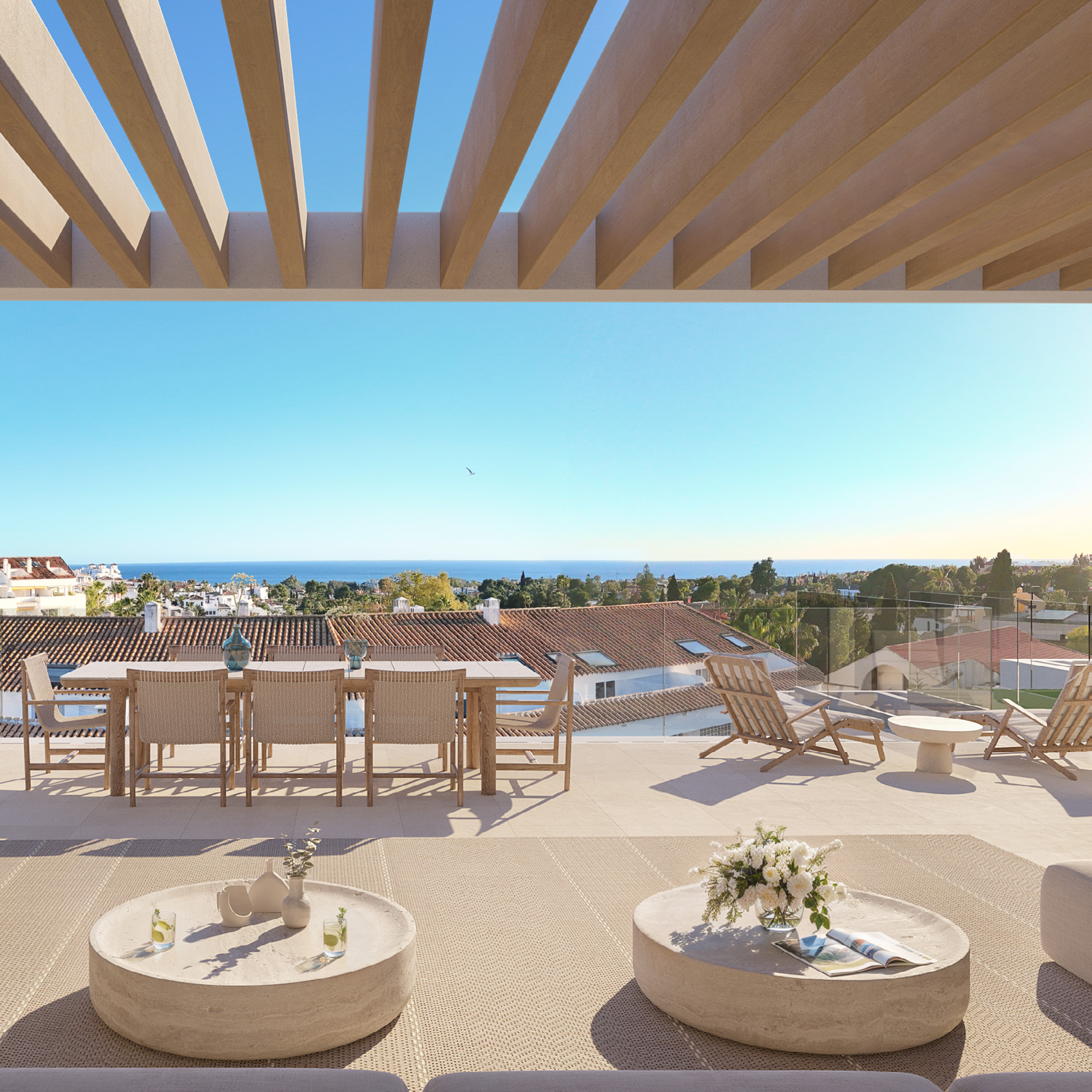 A rooftop terrace under its timber pergola
