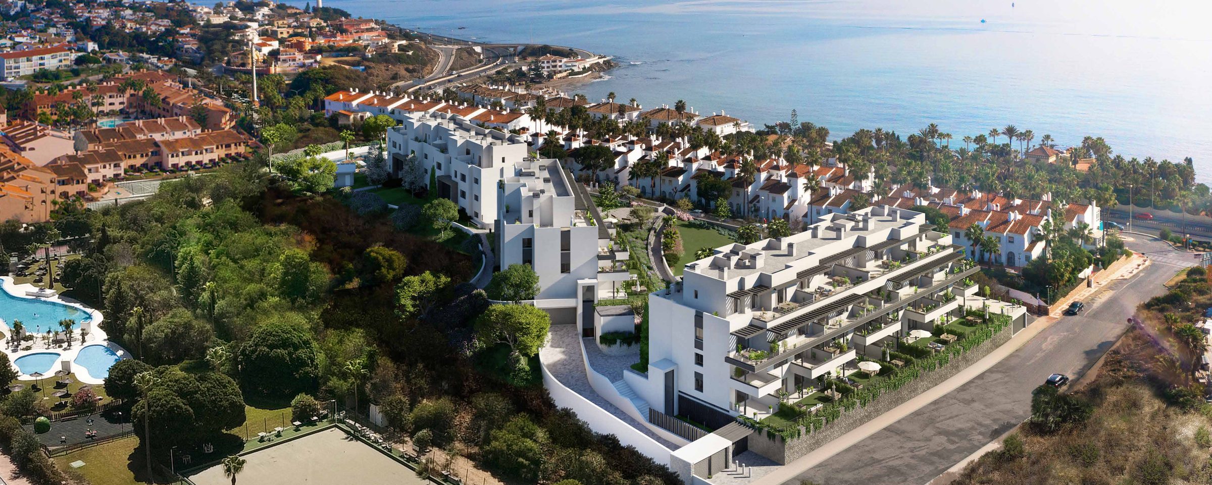 2–4 bedroom apartments in Mijas Costa — the development above the coast, seen from the air