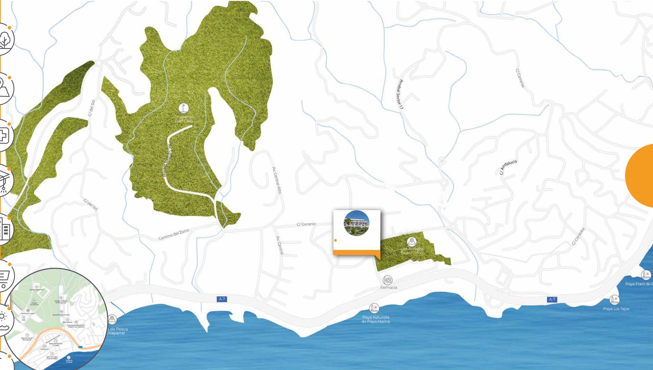 The coast between La Cala de Mijas and Fuengirola, the development marked