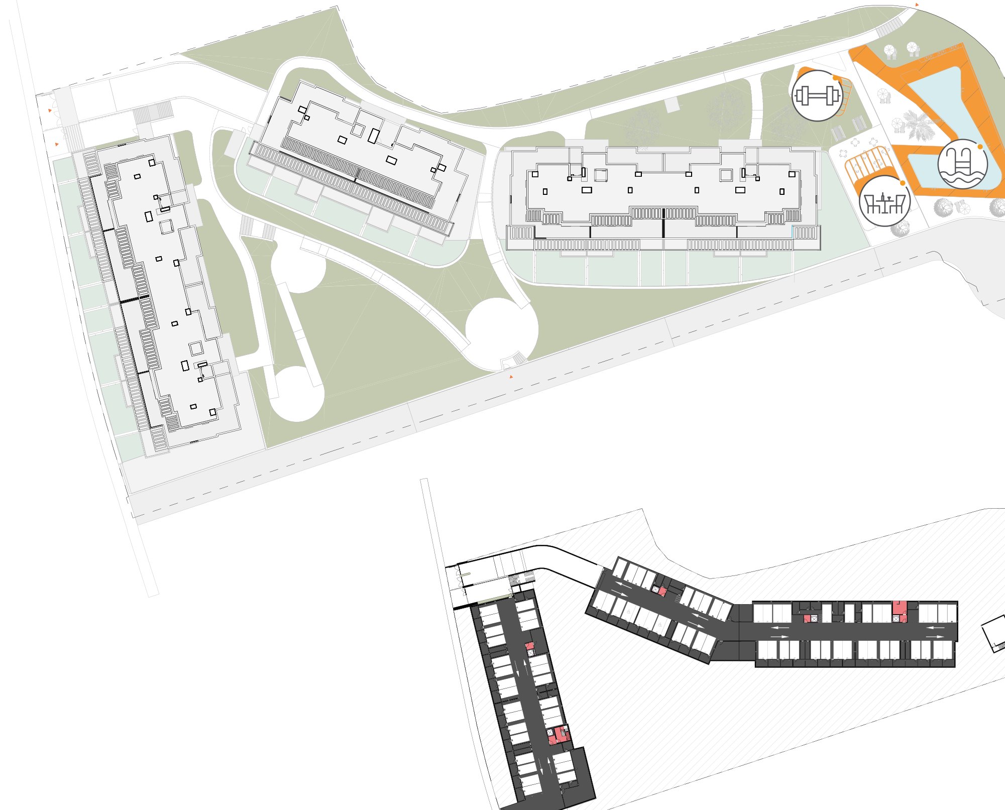 The site plan: three blocks, the gardens and the pool