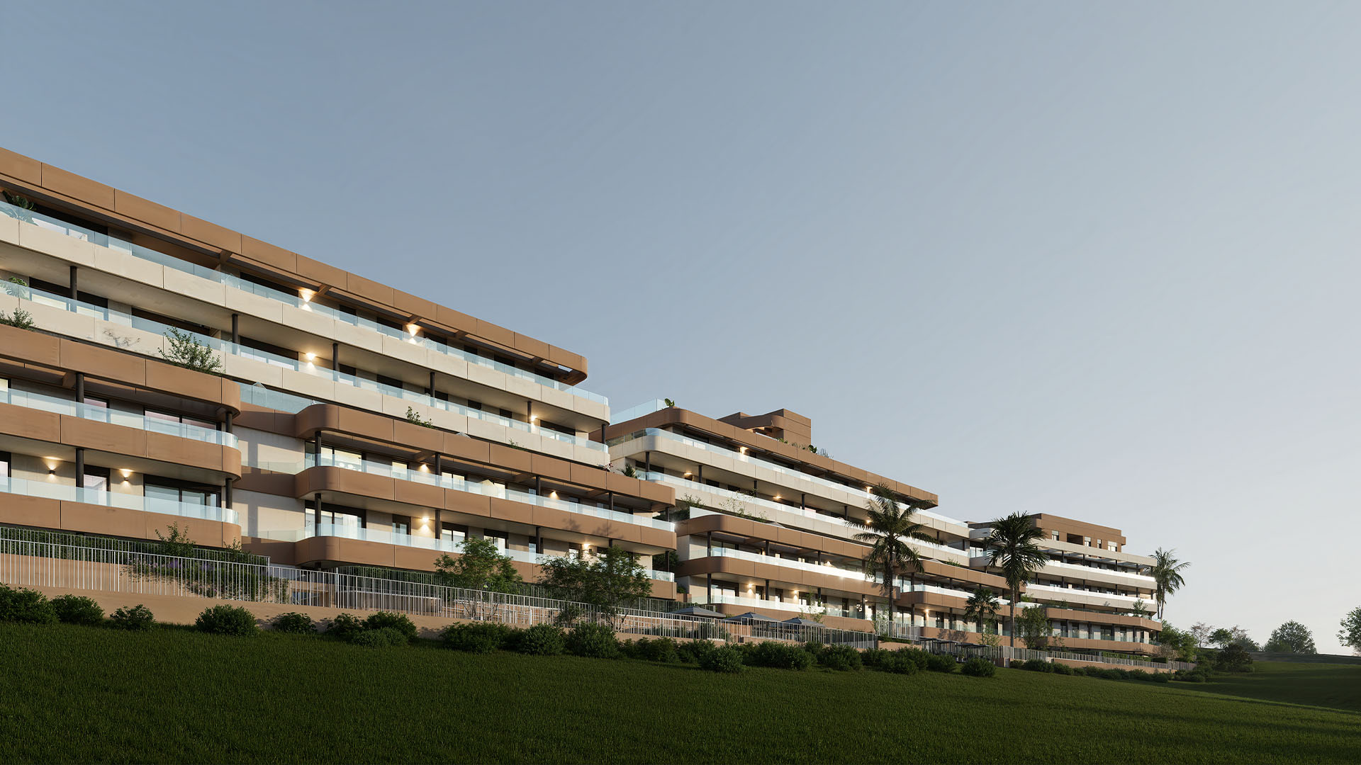 The apartments at dusk over the fairway
