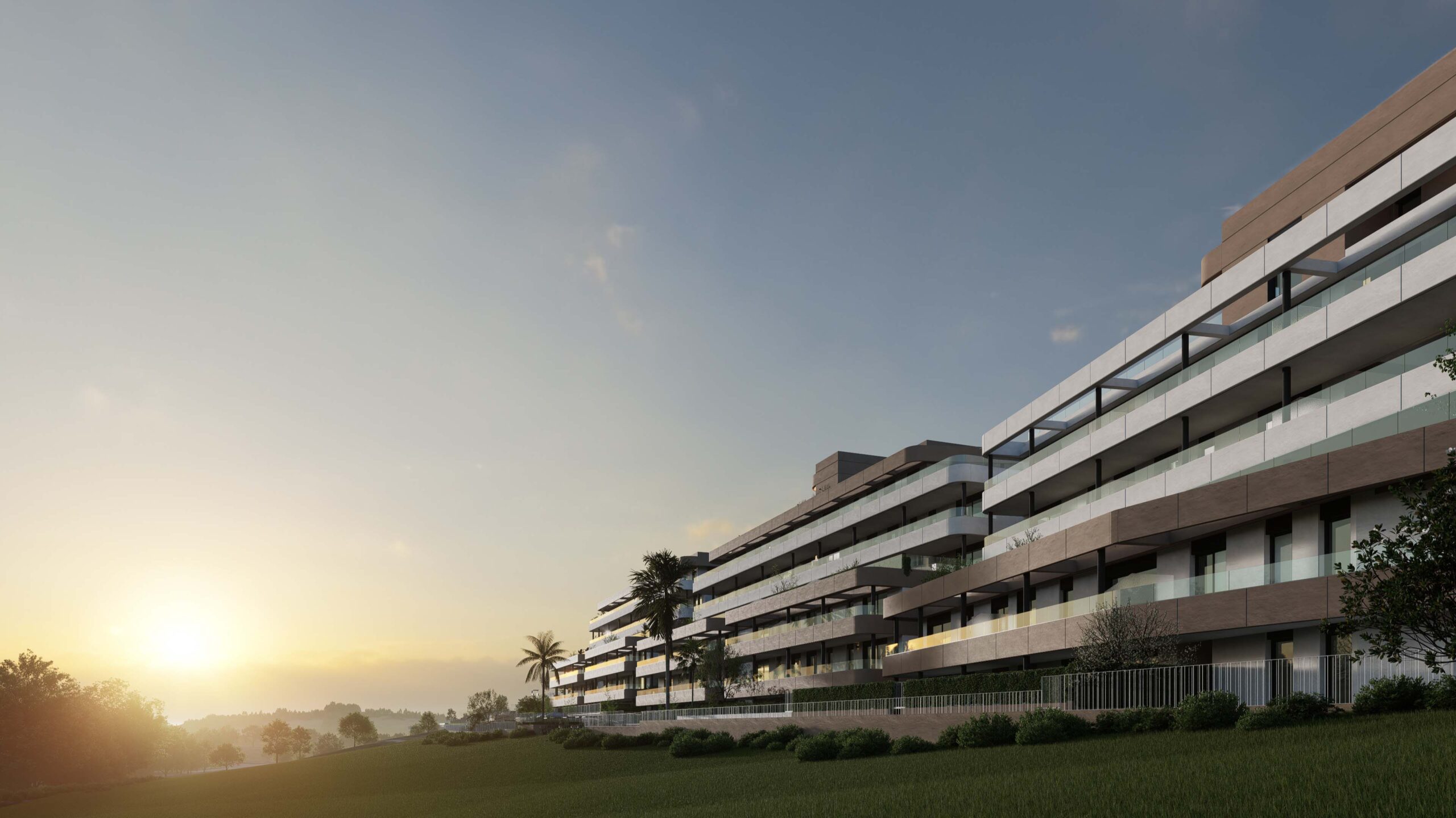 1–3 bedroom golf apartments in Estepona at golden hour