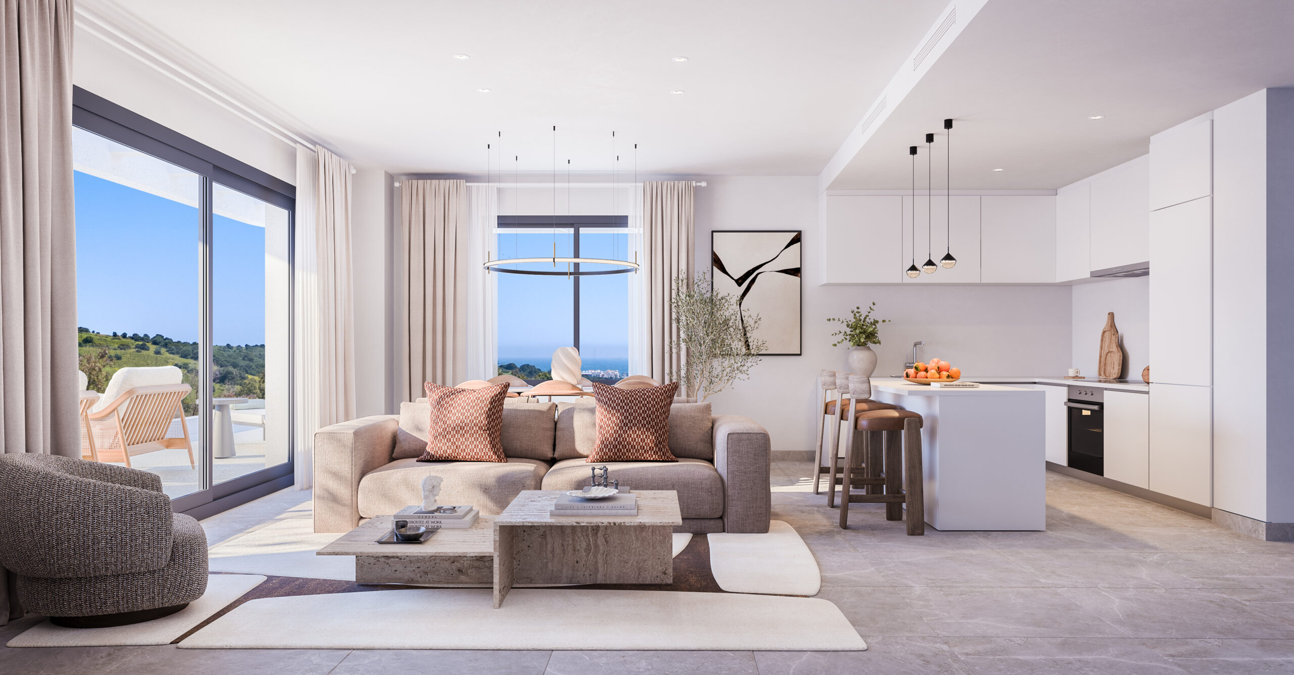 Living room and kitchen with sea view