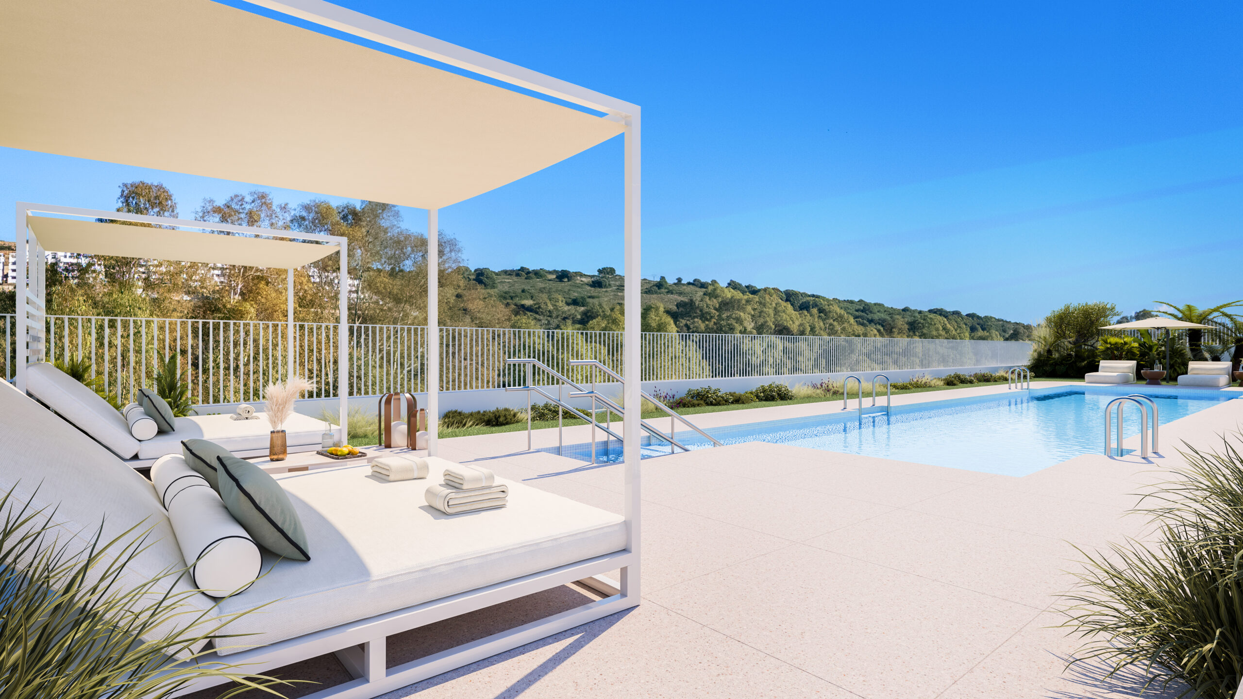 Sail shades and loungers on the pool deck
