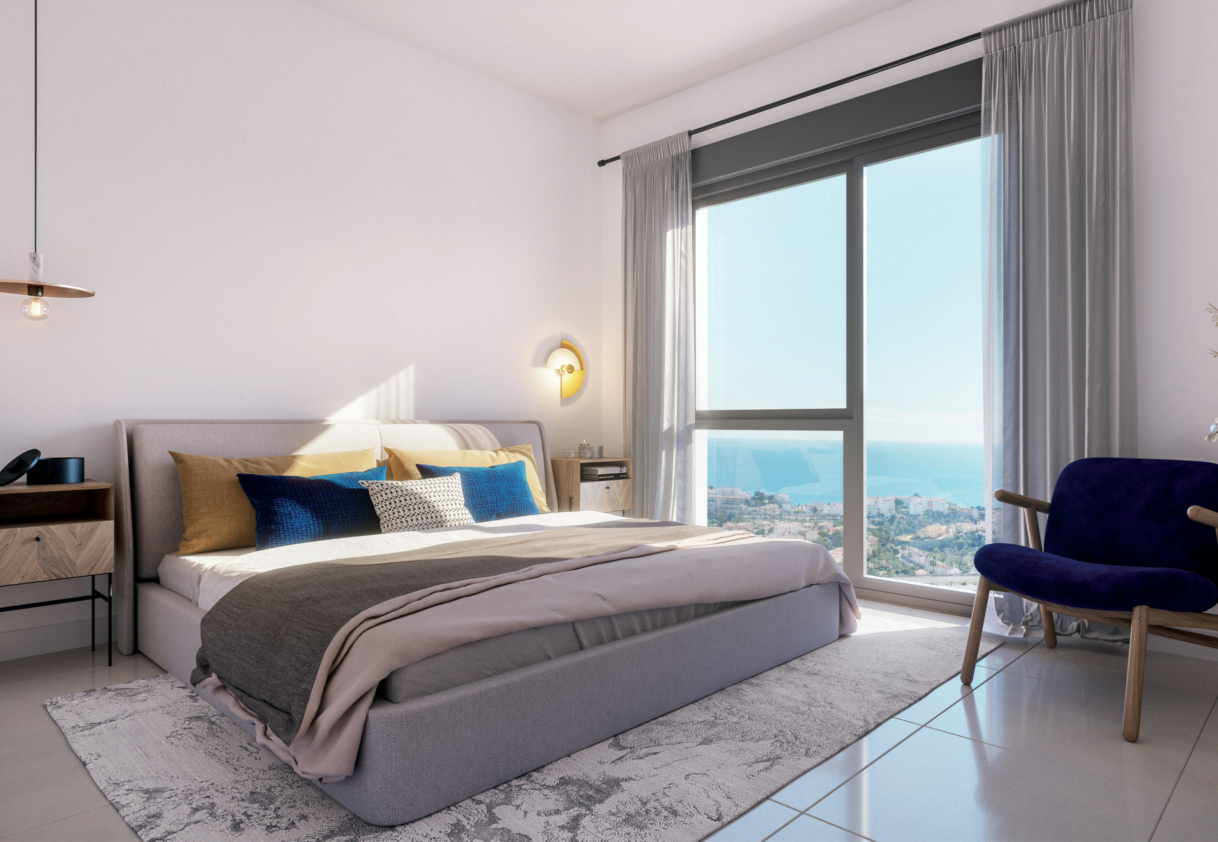 A bedroom on the upper floor, the sea in the window