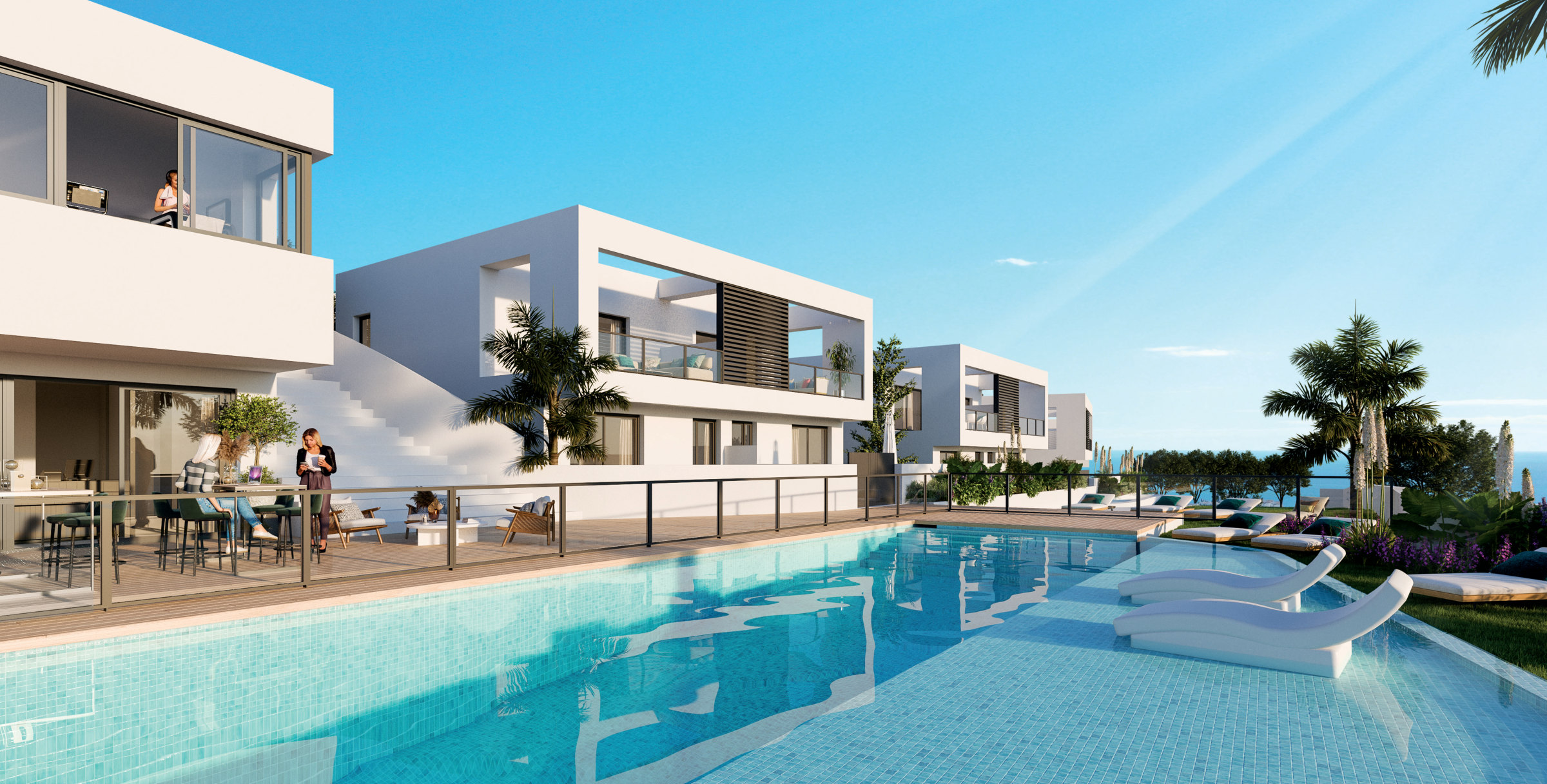 The communal pool, the houses beyond