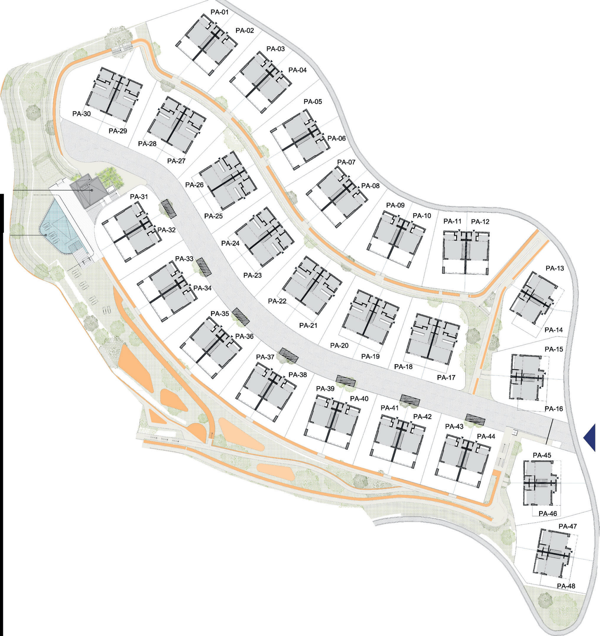 The site plan: the houses along the hillside, the pool and community building